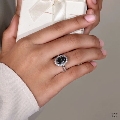 Salt And Pepper Oval Cut Starburst Halo Engagement Ring