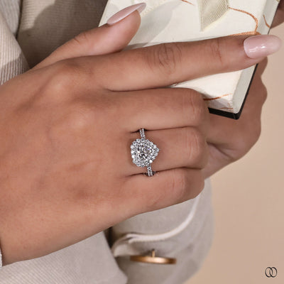 Two Tone Double Halo Heart Cut Engagement Ring