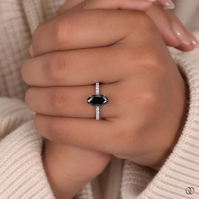 14k Moval Cut Black Moissanite ring With Prong And Pave Set
