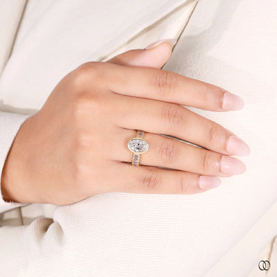 pave setting oval cut diamond yellow gold ring
