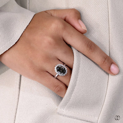 Salt And Pepper Oval Cut Starburst Halo Engagement Ring