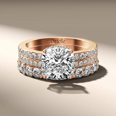 round cut wedding band stacking with cushion cut diamond ring
