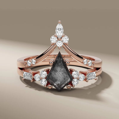 tiara wedding band paired with kite cut engagement ring
