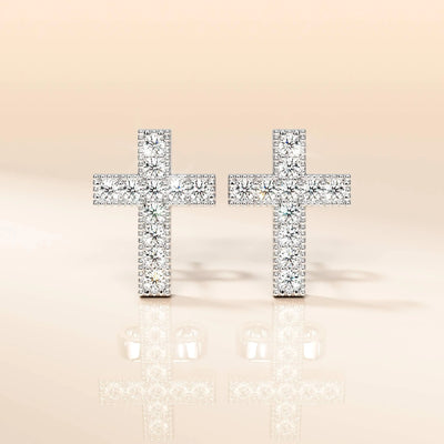 Round moissanite shared prong earrings in Christian cross style
