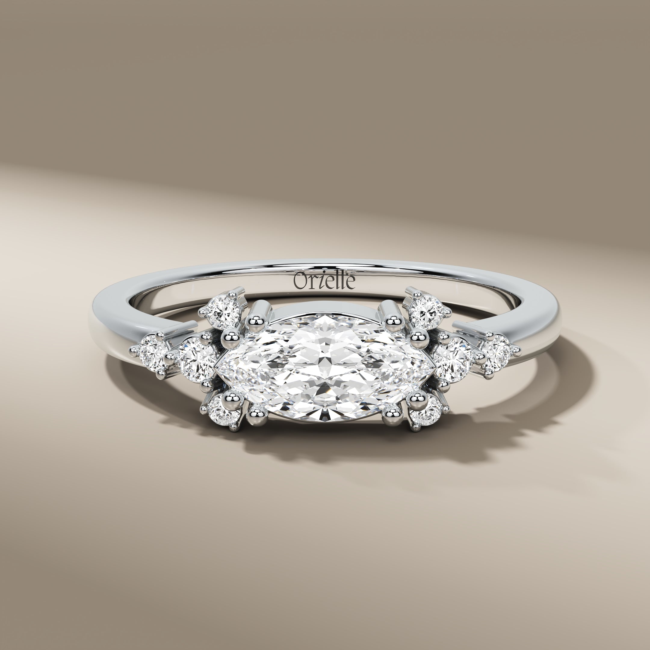 East West Leaf Marquise & Round Cut Diamond Cluster Solitaire Engagement Ring