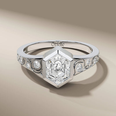 handmade hexagon ring with side round cut diamond accents
