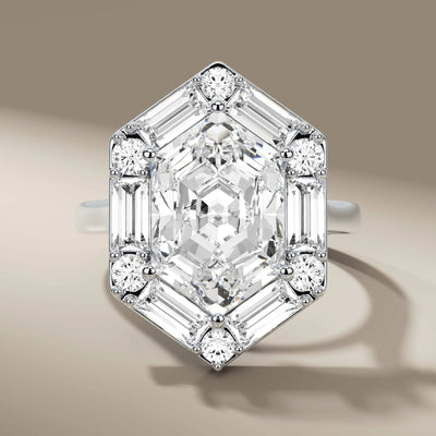 handmade hexagon halo ring featuring baguette diamonds
