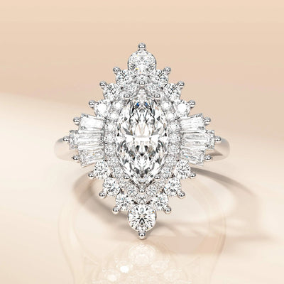Baguette and round marquise moissanite halo ring
