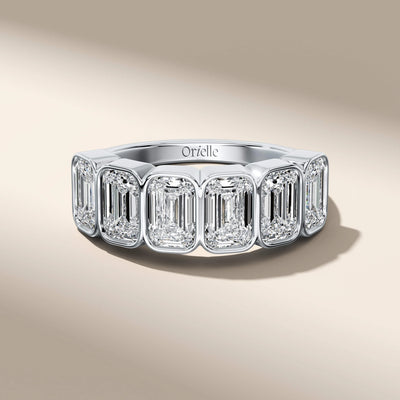 lab grown diamond emerald cut wedding band in gold
