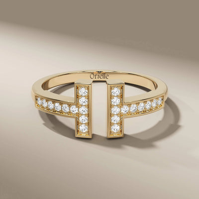 gold open cuff ring featuring round cut lab grown diamond
