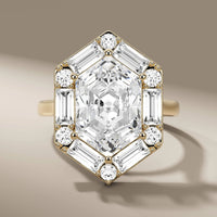 Hexagon Engagement Ring With Round And Baguette Cut Halo