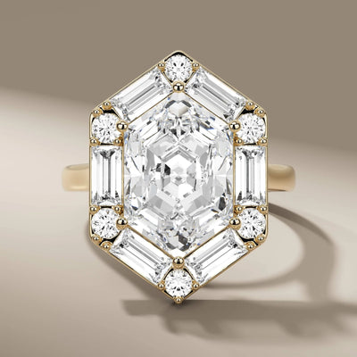 hexagon engagement ring with round and baguette halo design
