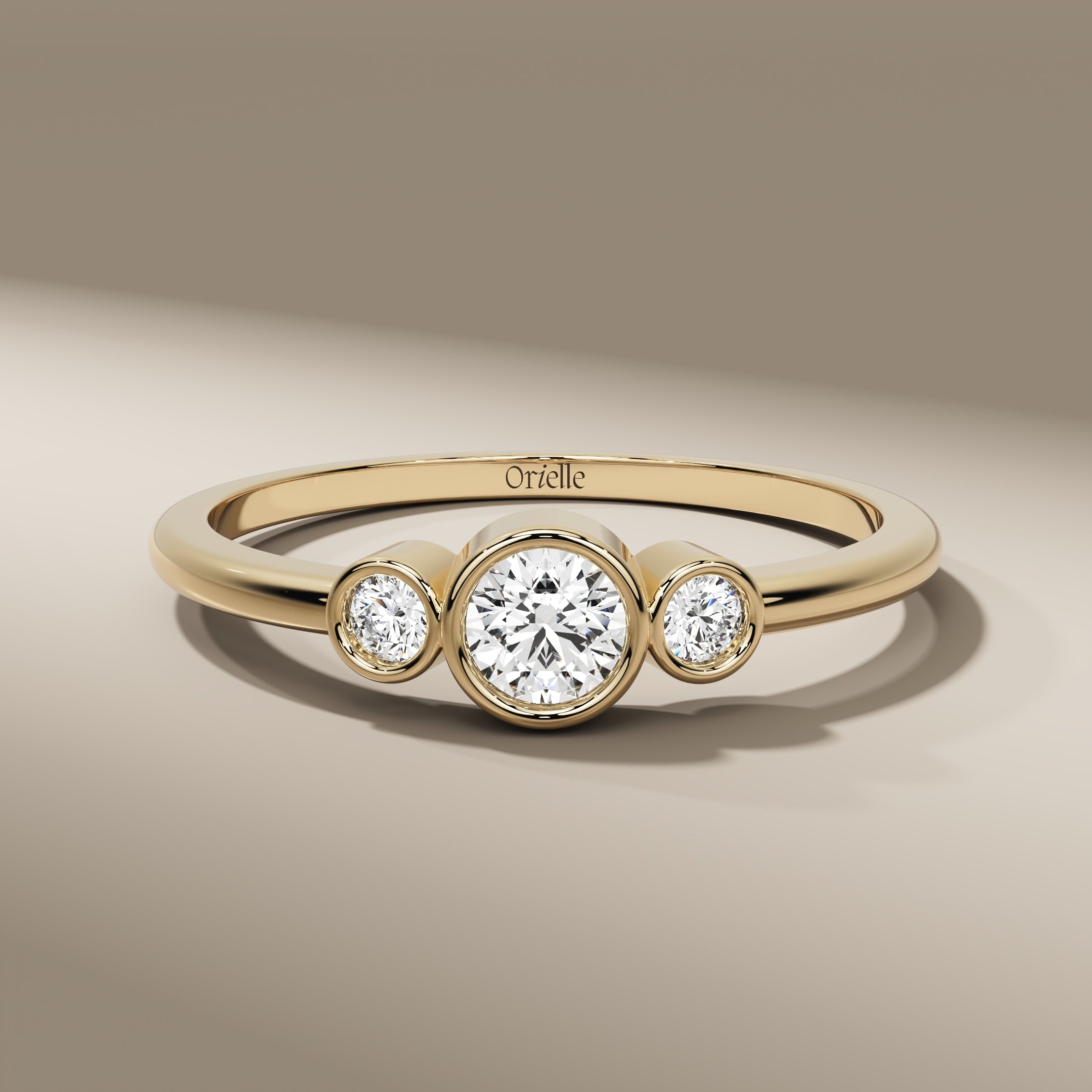 Lab Grown Diamond Round Cut Three Stone Bezel Set Minimalist Ring In 14K Solid Gold