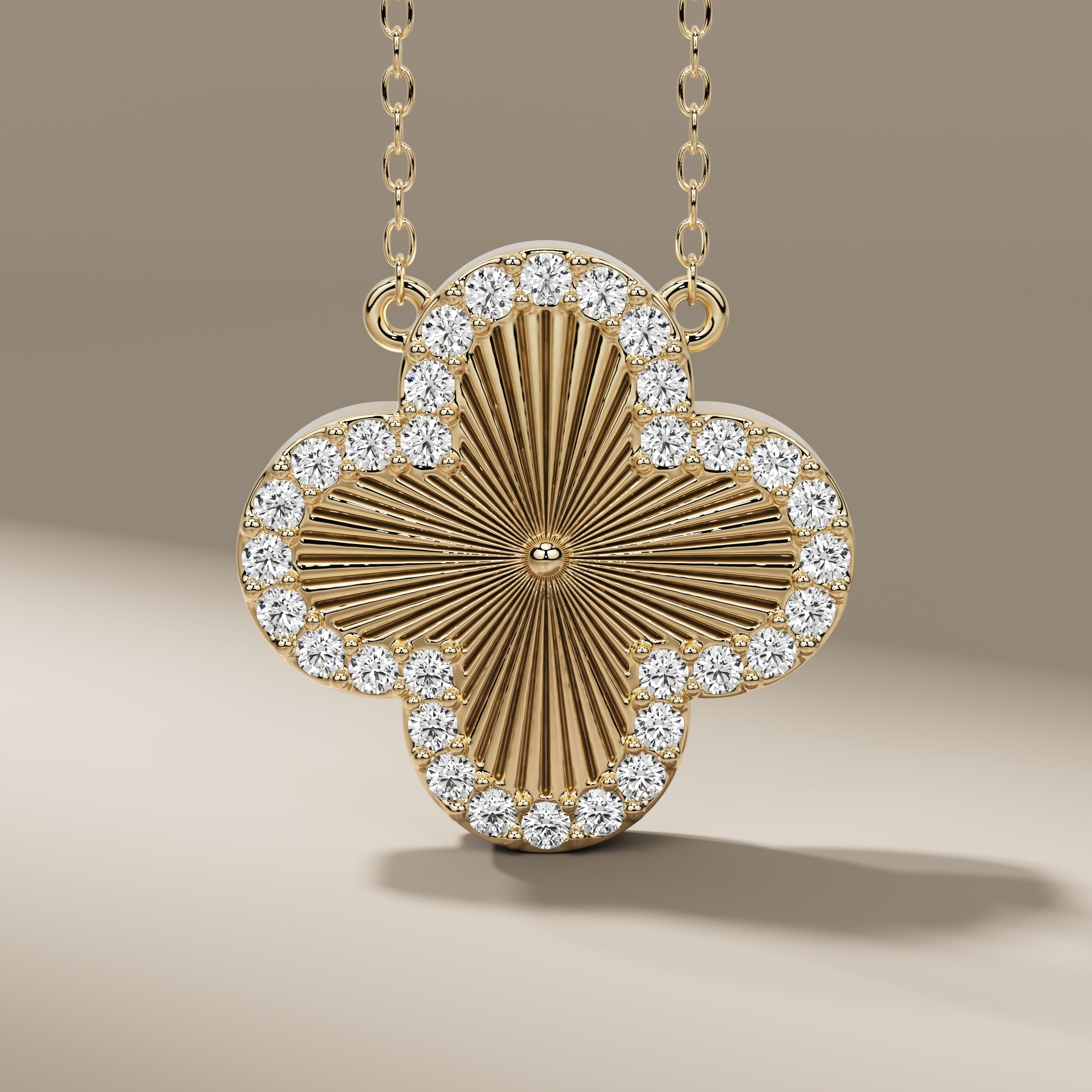 14K Yellow Gold Lucky Leaf Flower Charm Clover Diamond Pendant Necklace