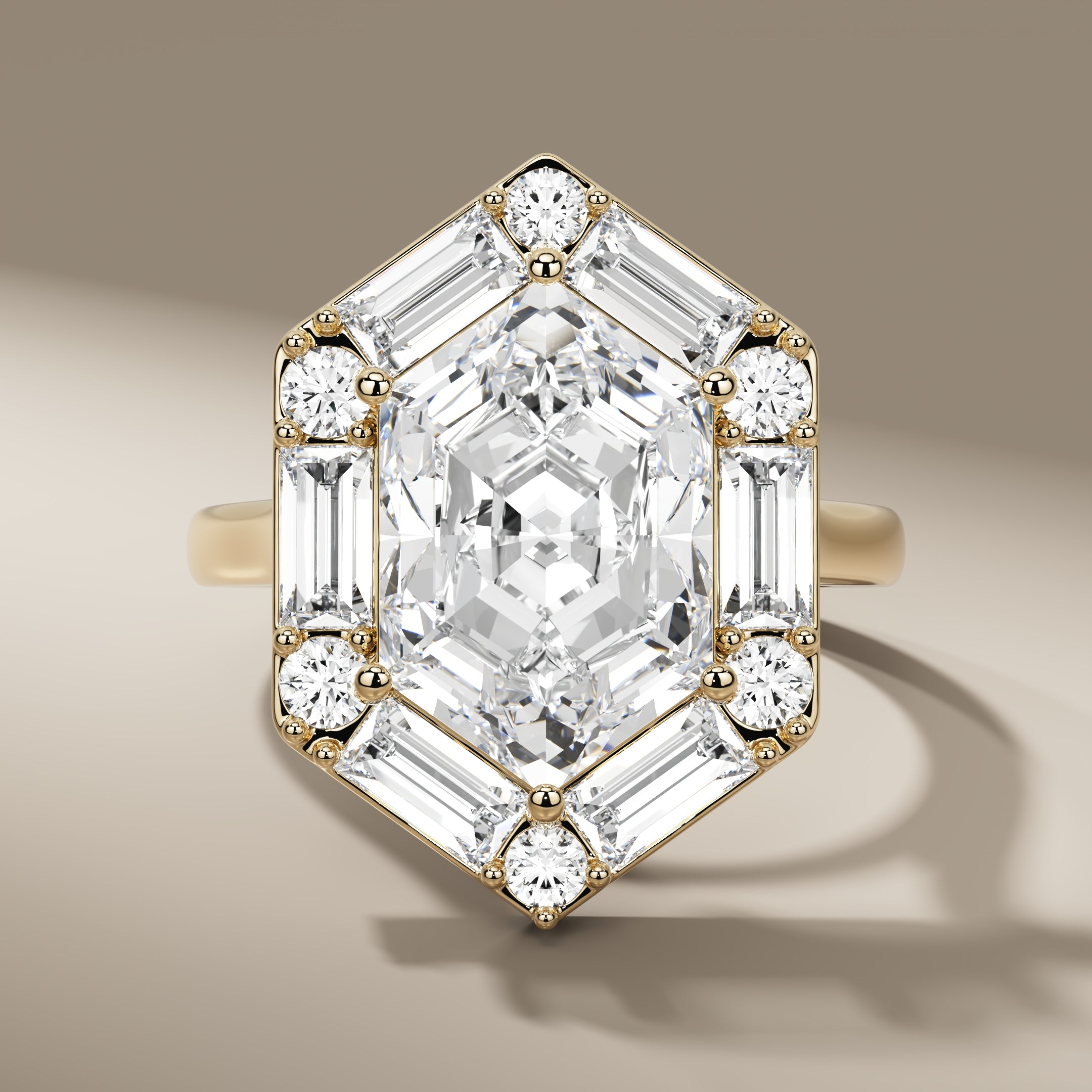 Hexagon & Baguette Cut Diamond Halo Setting Engagement Ring