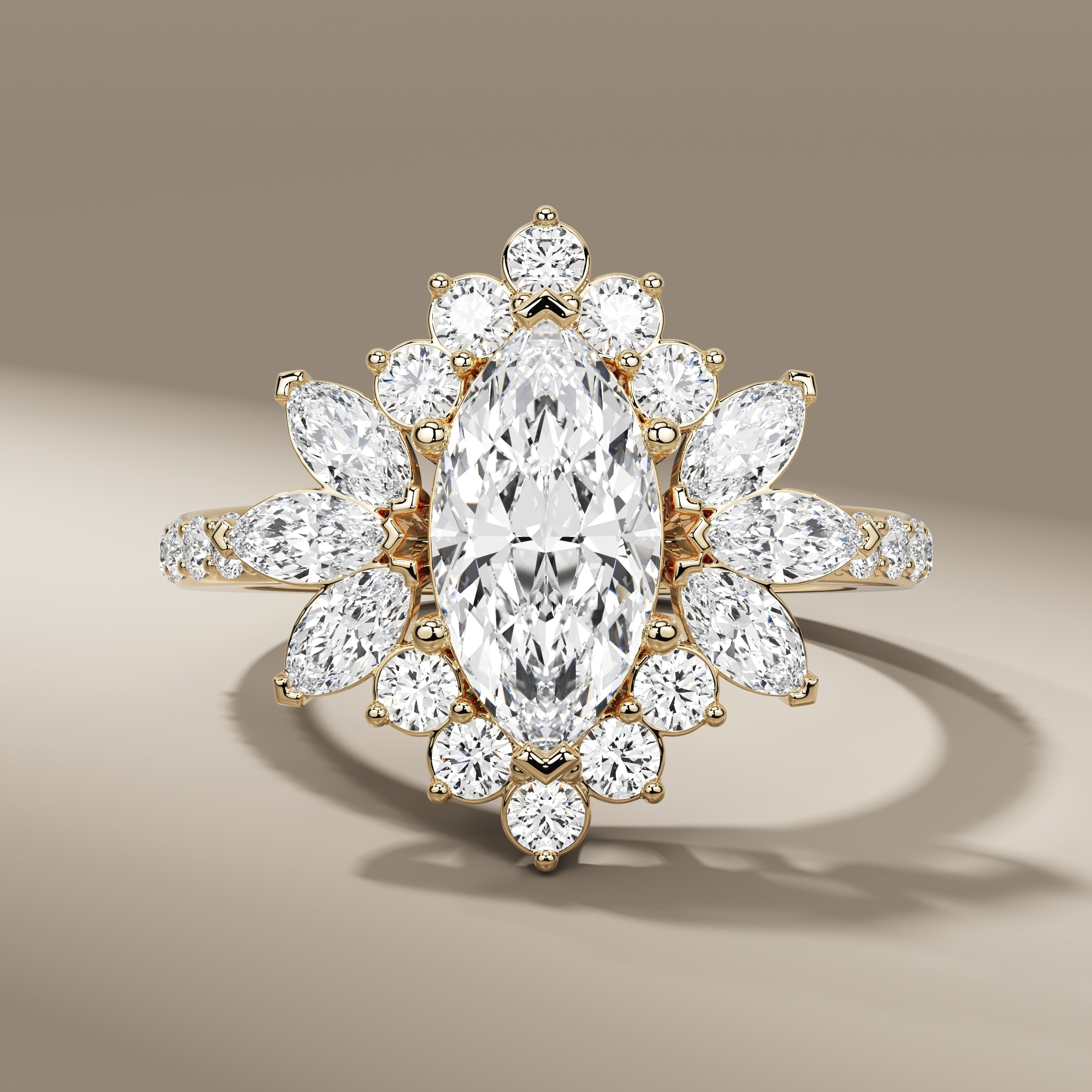 Starburst Halo Marquise & Round Art Deco Diamond Wedding Ring In 14k Gold