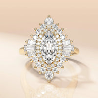Double Halo Baguette And Round Cut Marquise Moissanite Ring