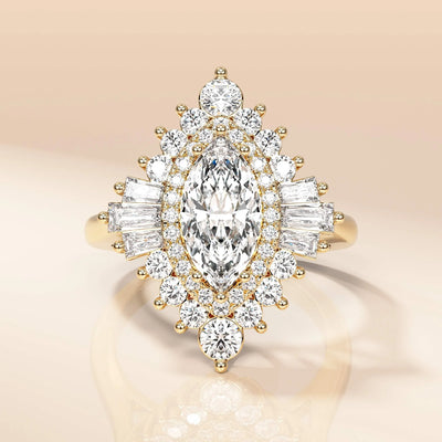 Prong set marquise moissanite ring in gold
