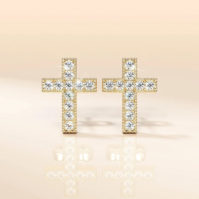 Christian cross earrings with shared prong round moissanite shine
