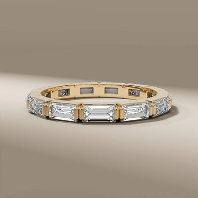 Bezel set wedding band with round diamonds in yellow gold design
