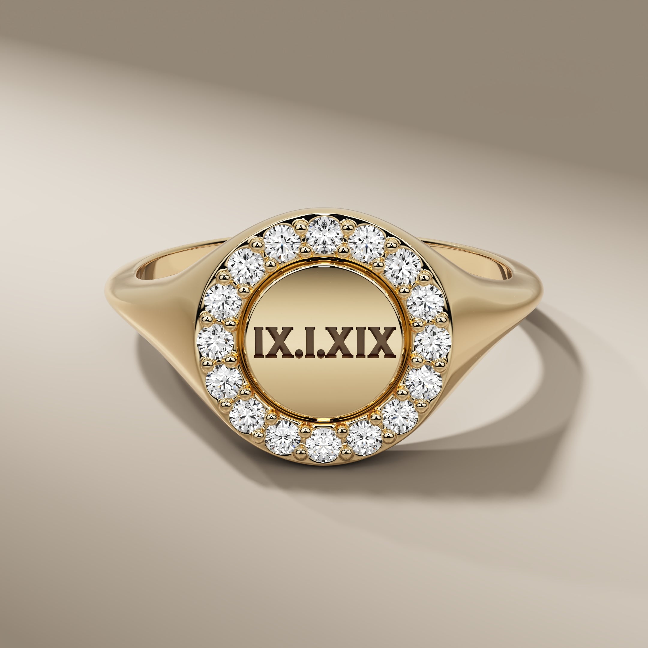 14K Solid Gold Initial Signet Round Halo Diamond Monogram Letter Personalize Ring