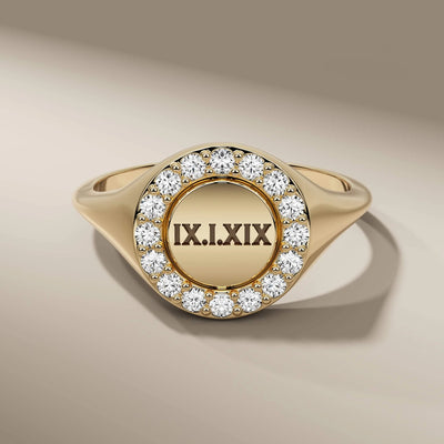 Halo diamond engagement ring in yellow gold with prong setting
