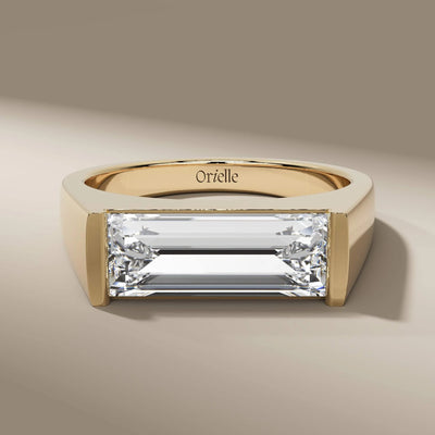 signet diamond ring with baguette stones in yellow gold band
