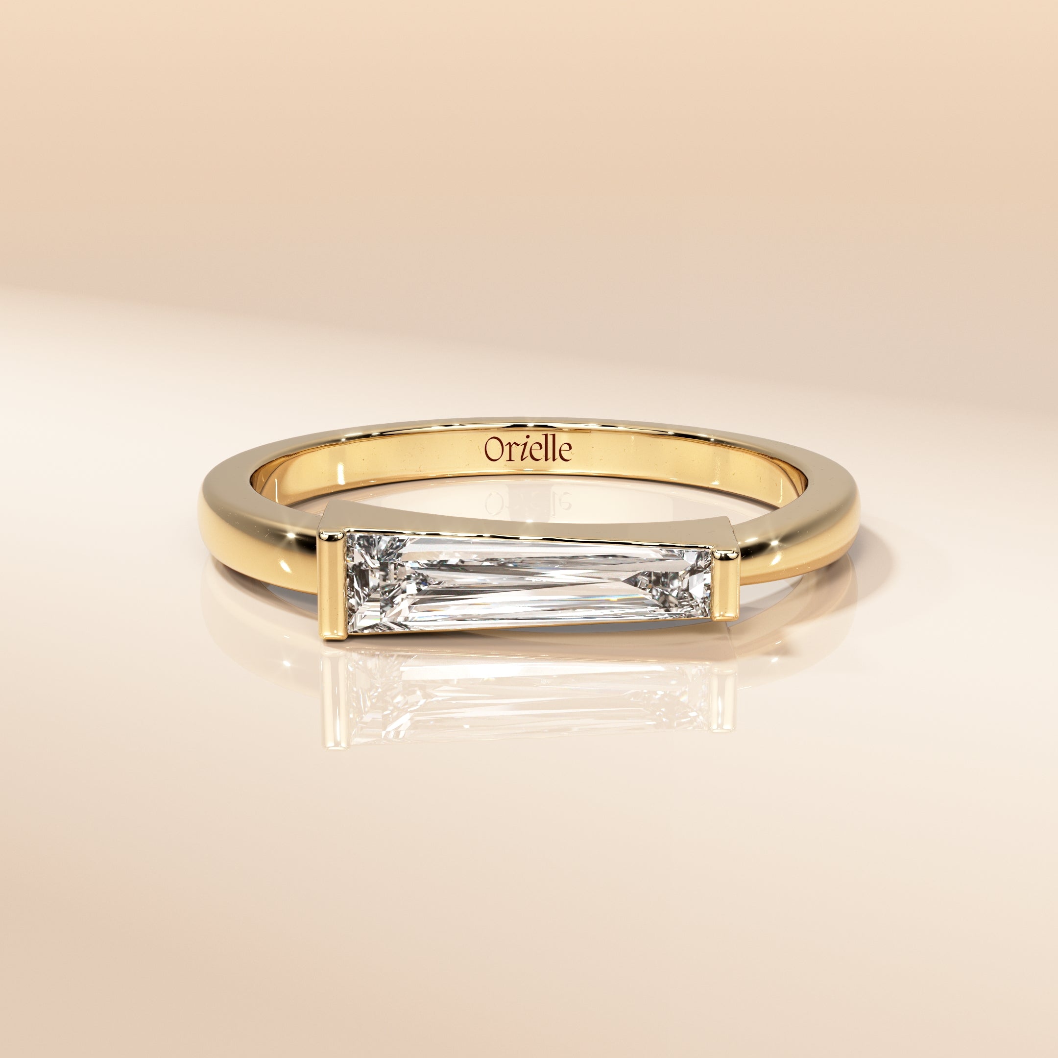 Minimalist Unique East-West Tapered Baguette Moissanite Solitaire Ring In Gold Bar Setting