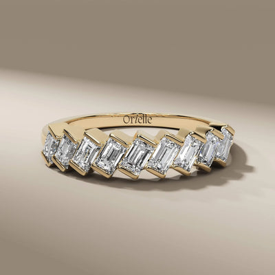 baguette diamond half eternity wedding band in rose gold
