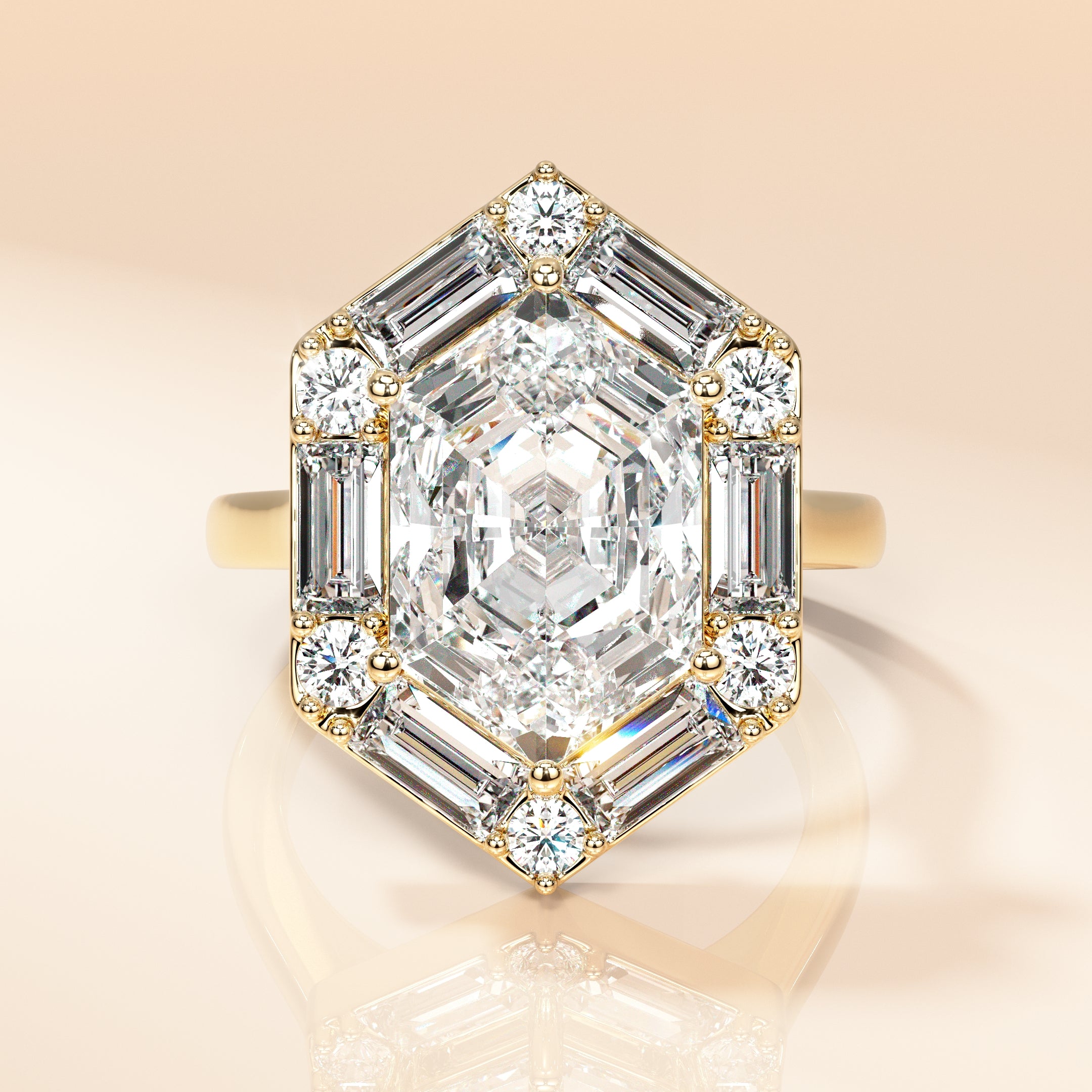 Platinum Geometric Hexagon Radiance Moissanite Celestial Halo Brilliant Engagement Ring