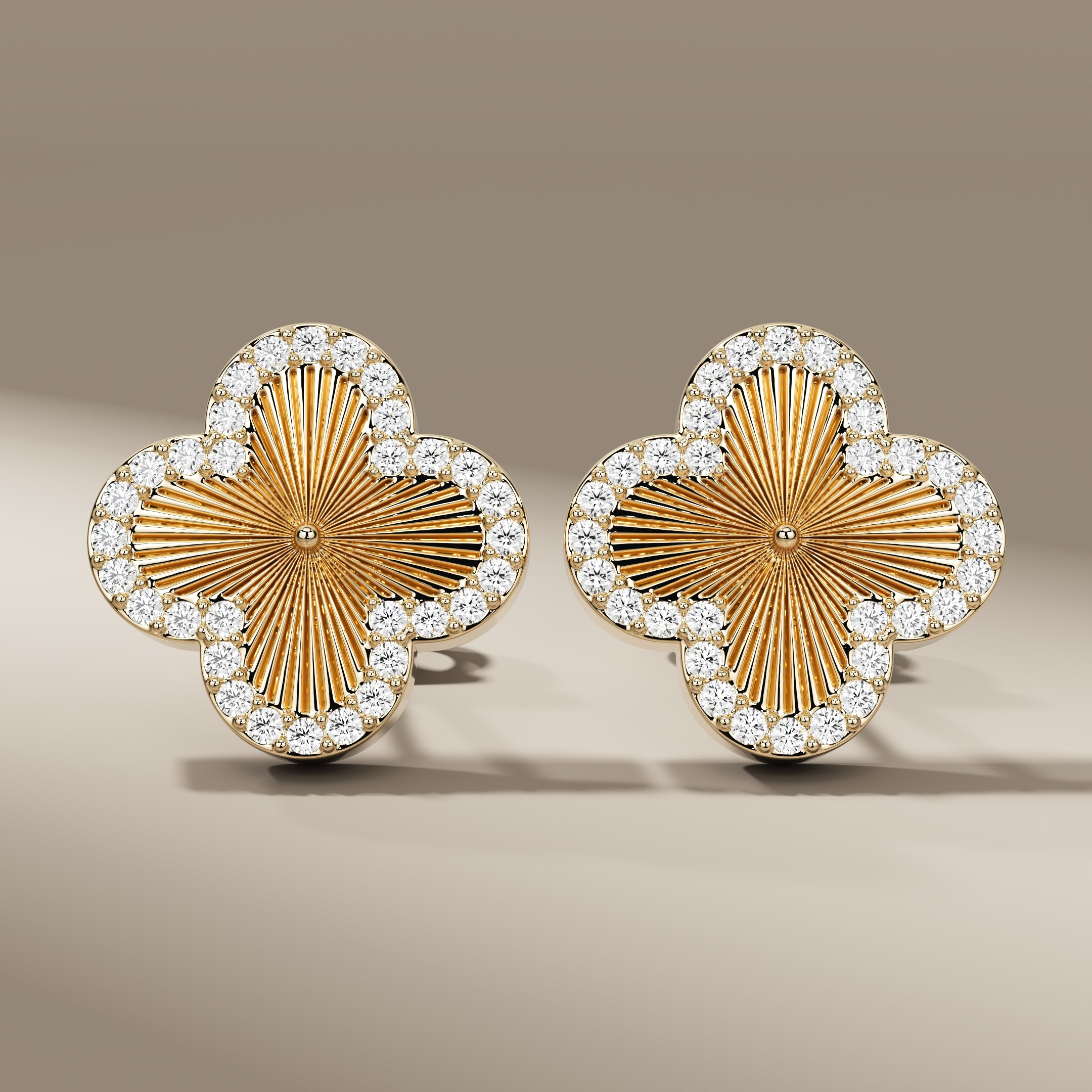 14K Yellow Gold Clover Diamond Stud Earrings, Four Leaf Flower Earrings