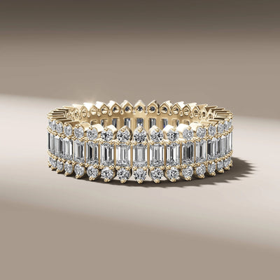 baguette and round diamond full eternity band in yellow gold
