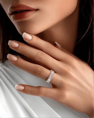 handmade baguette and round full eternity wedding band
