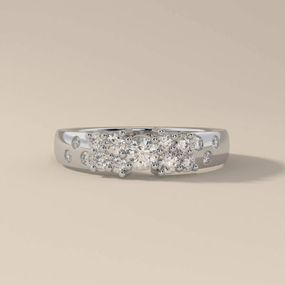 Round cut moissanite wedding band in a handmade gold design
