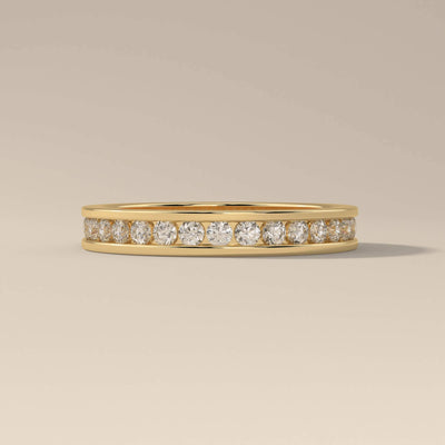 eternity wedding band in channel set with moissanite stones
