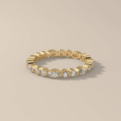 Designer shared prong wedding band with marquise moissanite shine
