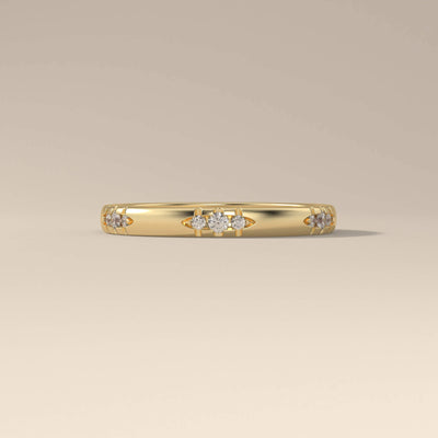 Unique design round cut band in yellow gold moissanite promise
