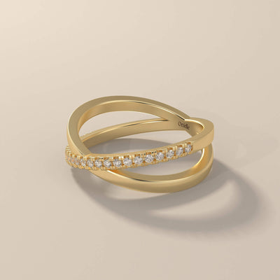 Yellow gold shared prong band with elegant crossover design
