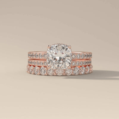 shared prong band crafted to pair with cushion cut moissanite ring
