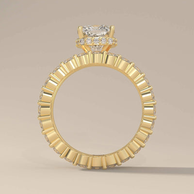 full eternity band paired with cushion cut moissanite engagement
