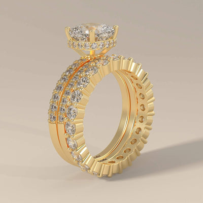 round cut wedding band matching cushion moissanite bridal design
