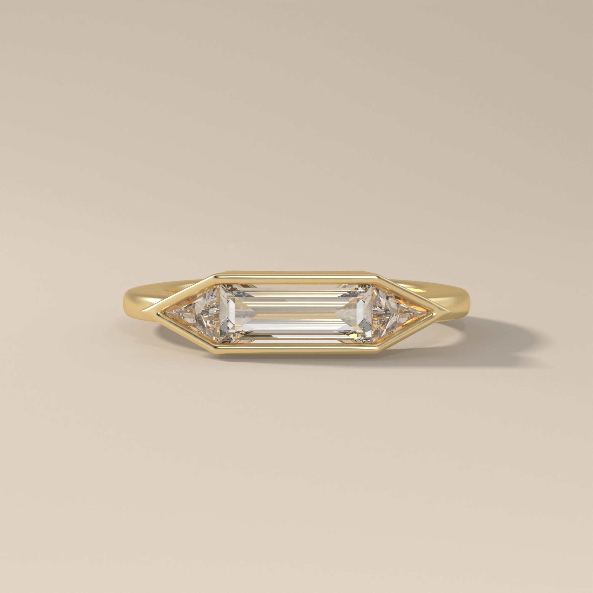 East West Straight Baguette With Trilliant Cut Moissanite Minimalist Engagement Ring In 14k Gold