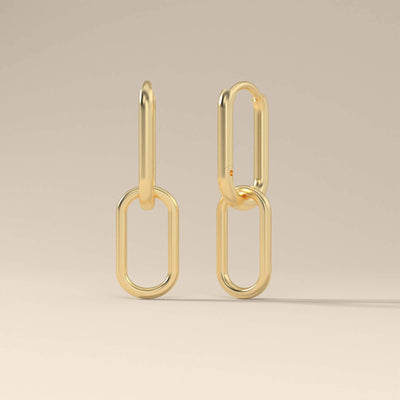 Handmade yellow gold paperclip link earrings in dangle design

