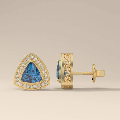 Handmade trillion cut moissanite earrings with halo design
