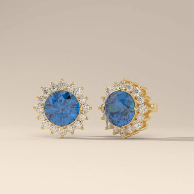 Yellow gold blue sapphire studs with moissanite halo sparkle
