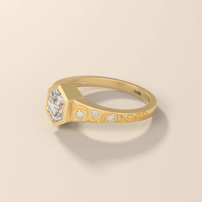 Filigree design hexagon cut ring with vintage inspiration
