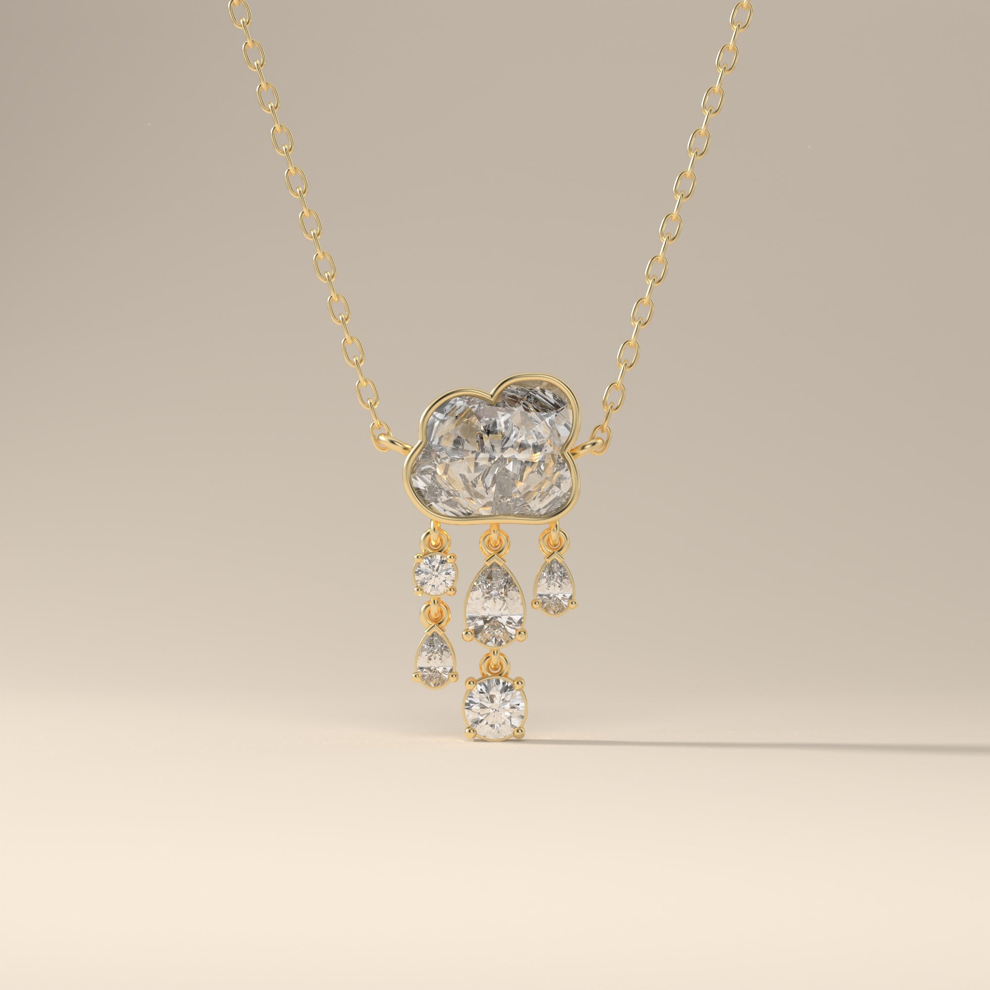 Ethereal Cloud Moissanite Pendant Necklace With Raindrop Accents In 14K Gold Dainty Chain