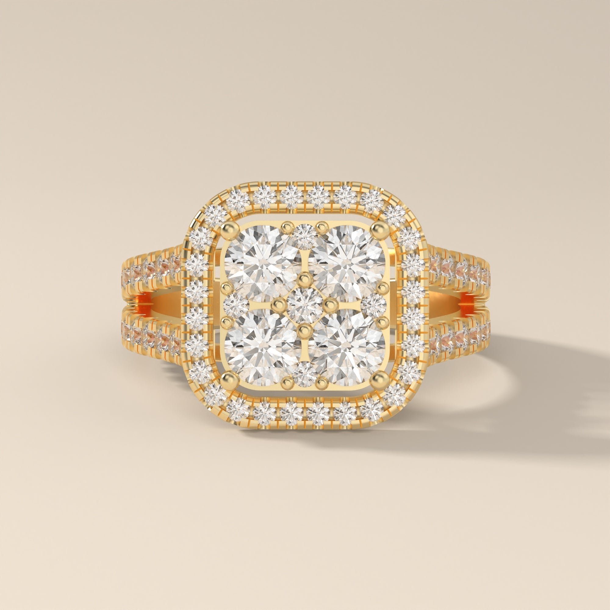 Moissanite Cathedral Style Round Cushion Halo Split Shank Engagement Ring In 14K Gold