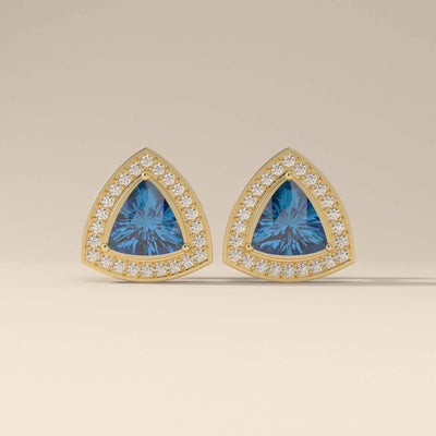 Trillion cut moissanite earrings with round halo and prong setting
