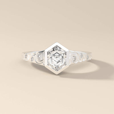 Hexagon cut moissanite promise ring in a sleek gold bezel
